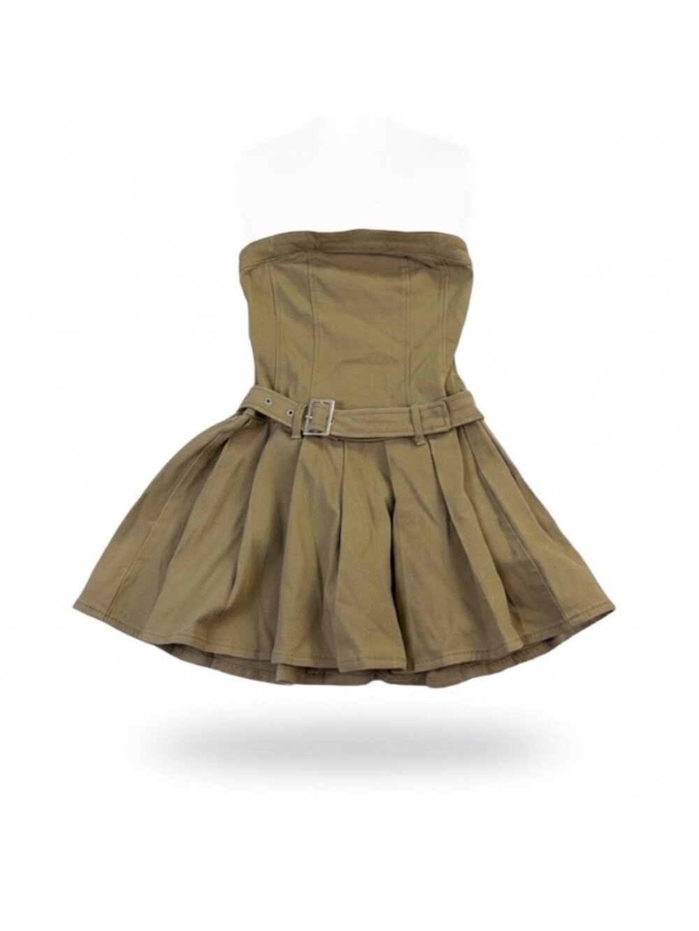 Francescas Womens Khaki Cotton Strapless Belted Dress Pleated Casual Chic Sz XS